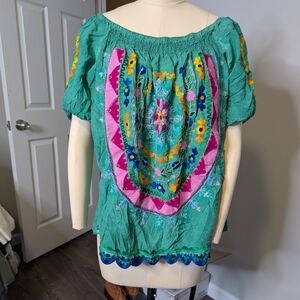 Ruby Yaya Embroidered Green Pink Boho Women's‎ Top Size Large